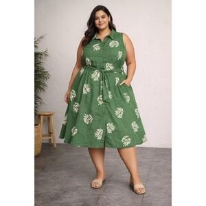 Universal Standard Islet Button Down Linen Blend Maxi Dress Sleeveless Green 2XL